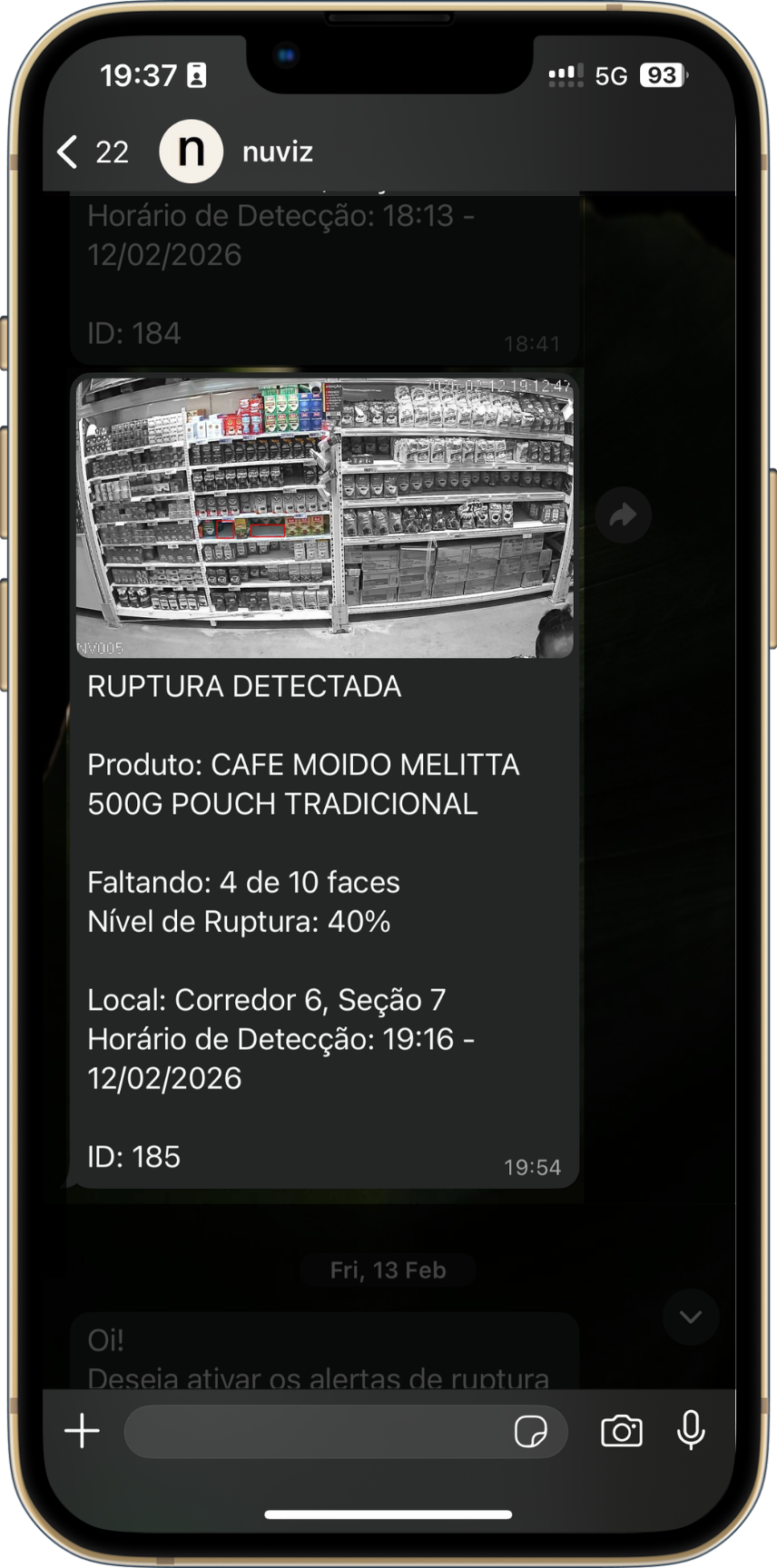 Alerta de ruptura de gôndola recebido via WhatsApp com foto e localização exata